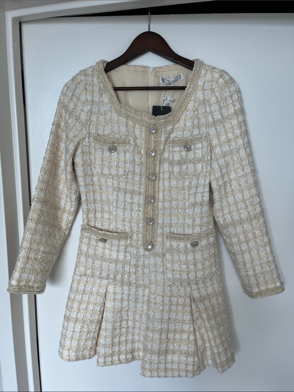 Cream Tweed Button-Front Women's Coat Dress